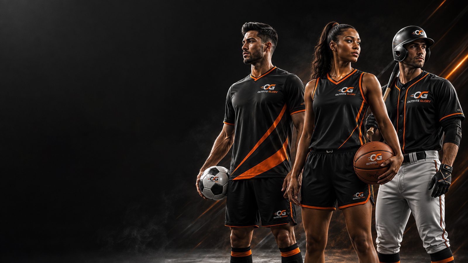 Three athletes wearing custom Outfits Glory soccer, basketball, and baseball uniforms